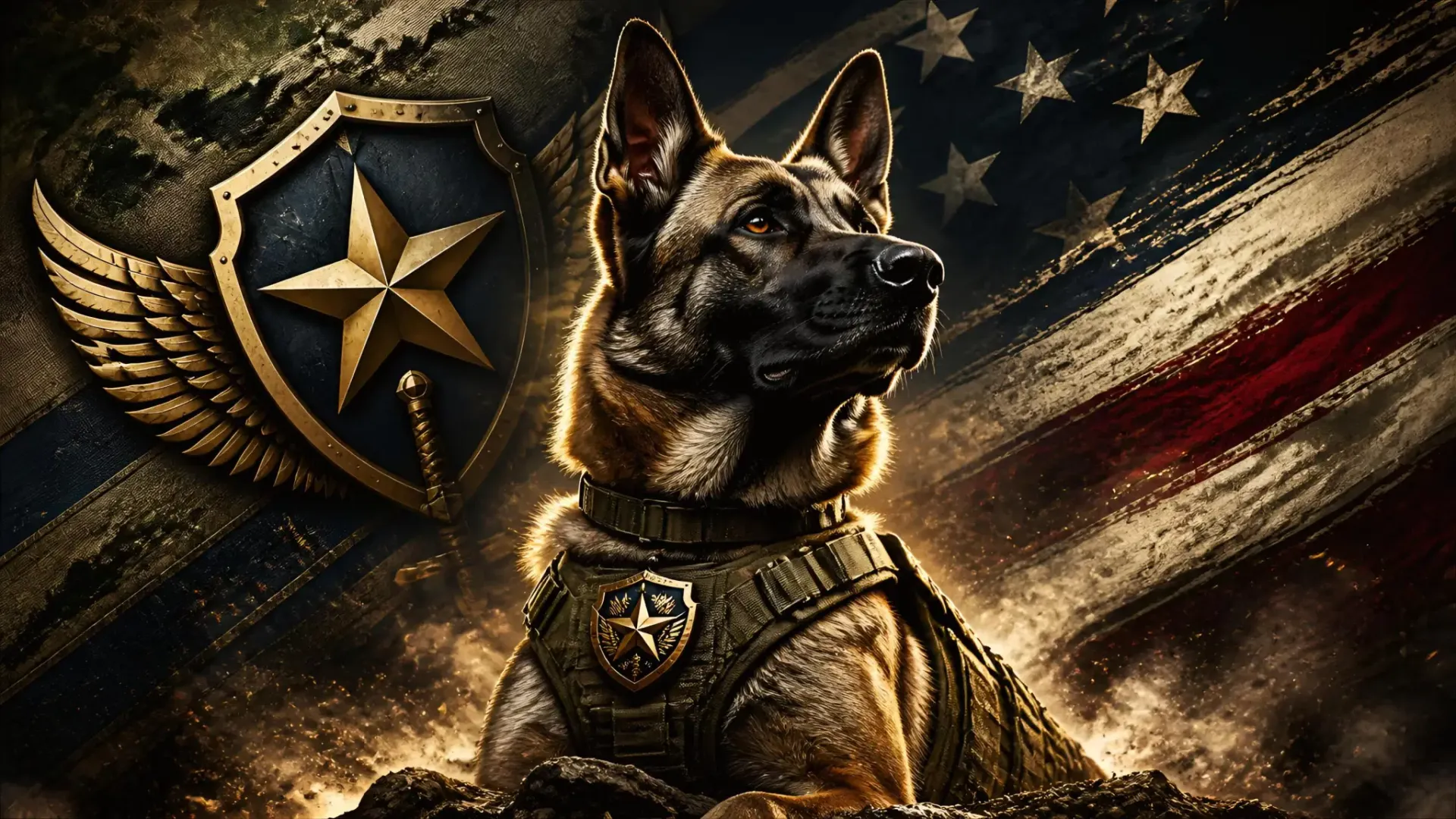 Military service dog standing before an American flag
