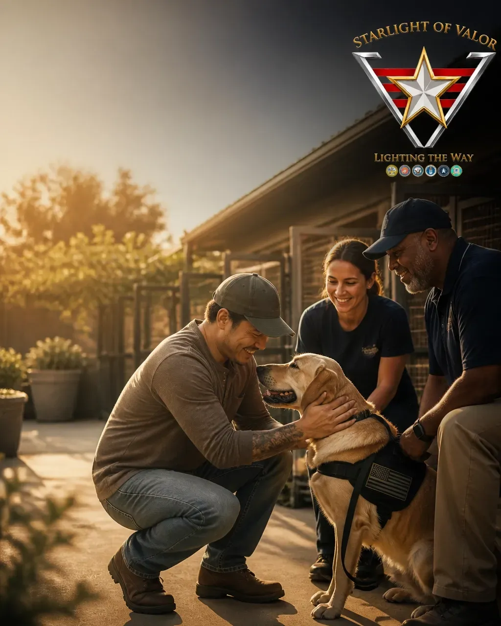 Starlight of Valor team members bonding with a service dog outdoors
