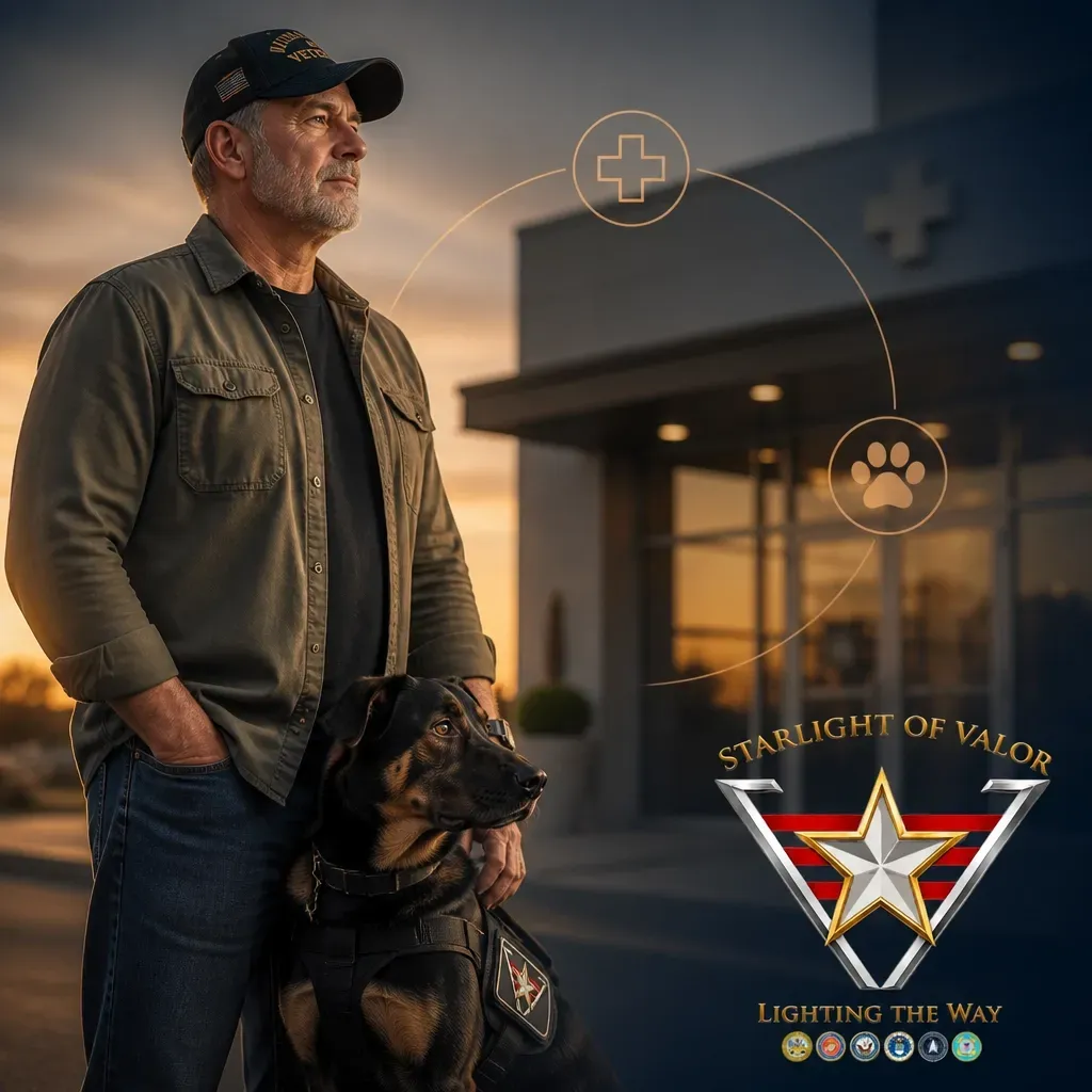 A veteran standing with his service dog outside a medical facility at sunset