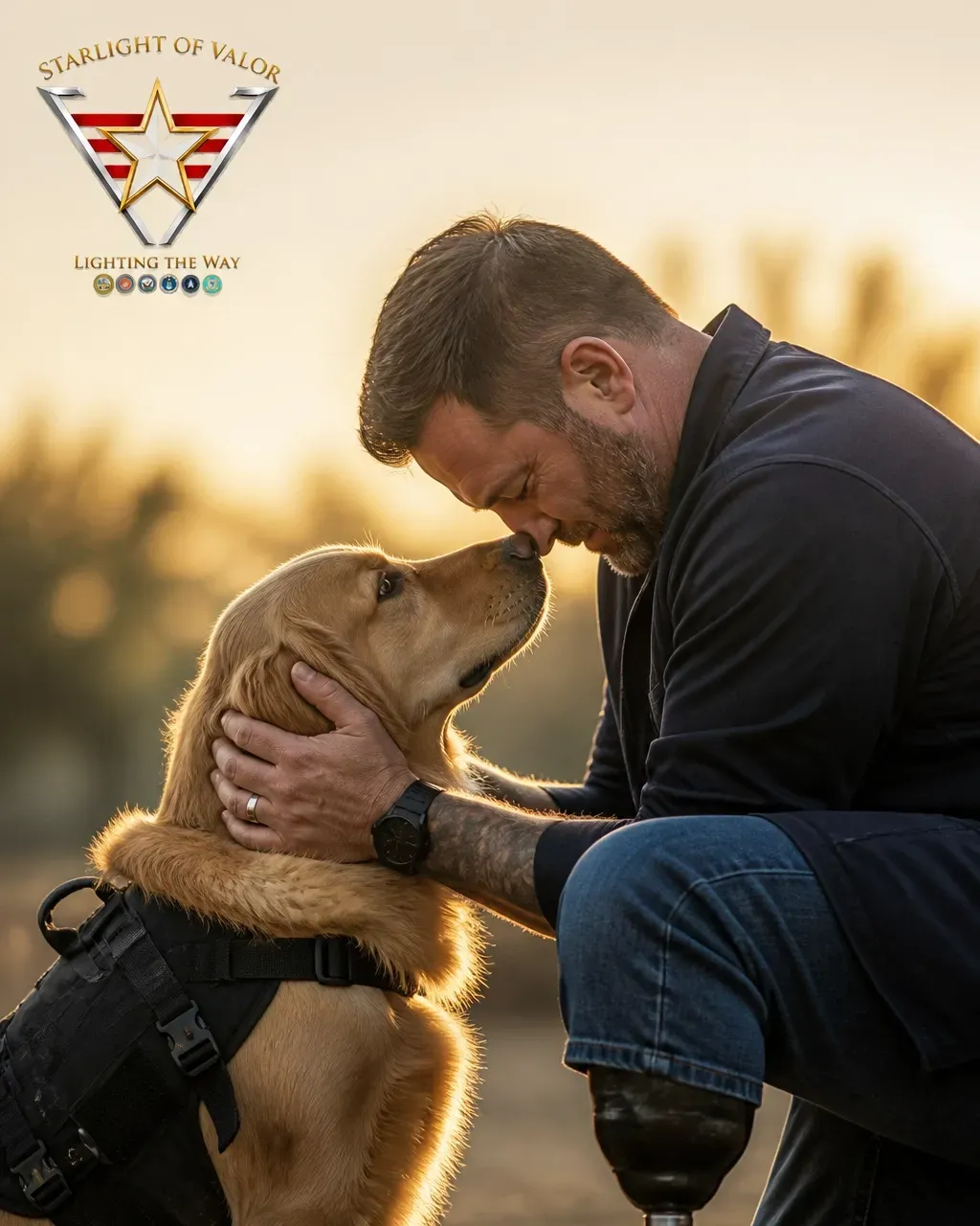 A veteran sharing a quiet moment with a golden retriever service dog at sunset