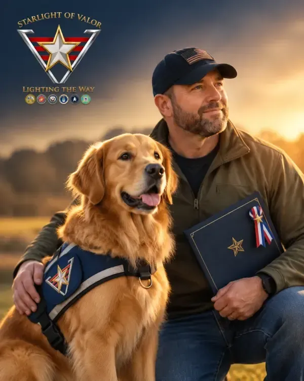 A veteran kneeling with a golden retriever service dog at sunset